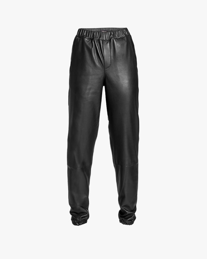 Front of a size XL THE UPCYCLED LEATHER JOGGERS in Black by AS by DF. | dia_product_style_image_id:237121